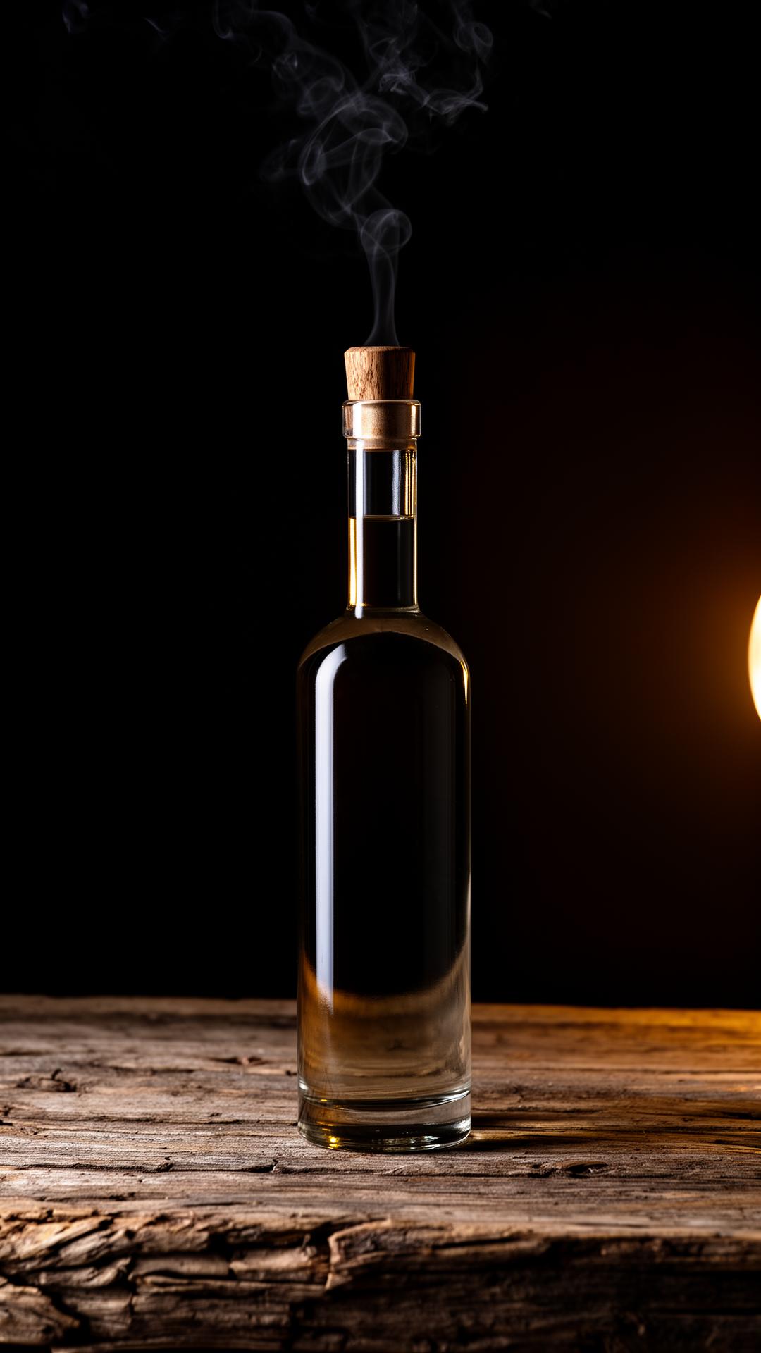 Botella de Mezcal Don Francisco sobre madera con luz cálida
