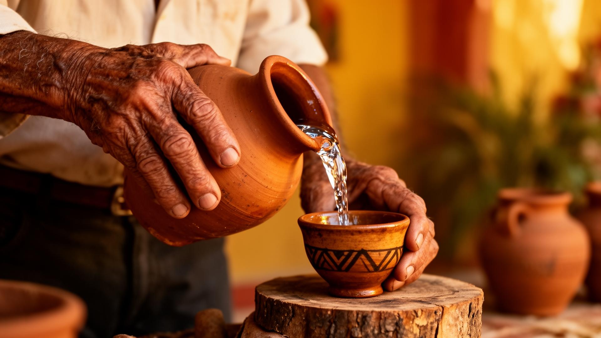 Maestro mezcalero sirviendo mezcal en una jícara de barro